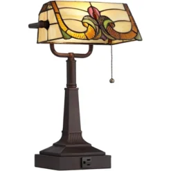 Robert Louis Tiffany Traditional Piano Banker Desk Table Lamp 17" High With AC Power Outlet Bronze Floral Art Glass Bedroom Office -Adesso Shop GUEST 03ecdbab c402 4c36 b70f 3711b64ceb9f