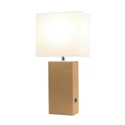 21" Lexington Leather Base Modern Home Decor Bedside Table Lamp With USB Charging Port And Fabric Shade - Lalia Home