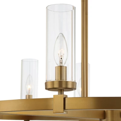 Stiffel Aron Brass Gold Wagon Wheel Chandelier 36" Wide Modern Clear Glass Shade 12-Light Fixture For Dining Room House Foyer Kitchen Island Entryway 3 Stiffel Aron Brass Gold Wagon Wheel Chandelier 36" Wide Modern Clear Glass Shade 12-Light Fixture For Dining Room House Foyer Kitchen Island Entryway - Image 3