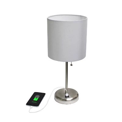 19.5" Bedside USB Port Feature Metal Table Desk Lamp Brushed Steel With Gray Fabric Shade - Creekwood Home 2 19.5" Bedside USB Port Feature Metal Table Desk Lamp Brushed Steel With Gray Fabric Shade - Creekwood Home - Image 2