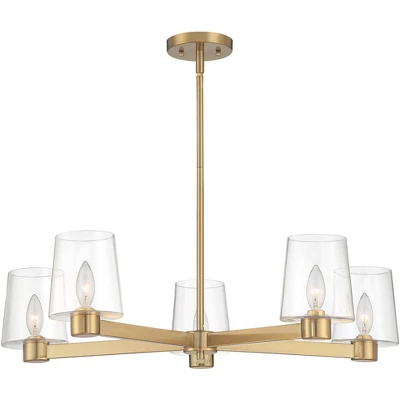 Possini Euro Design Satiny Gold Pendant Chandelier 27 1/4" Wide Modern Clear Glass Shades 5-Light Fixture For Dining Room House 4 Possini Euro Design Satiny Gold Pendant Chandelier 27 1/4" Wide Modern Clear Glass Shades 5-Light Fixture For Dining Room House - Image 4