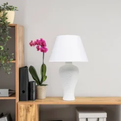 20.08" Traditional Ceramic Texture Imprint Winding Table Desk Lamp With Matching Fabric Shade White - Creekwood Home -Adesso Shop GUEST 0ef1a338 3c97 4a9f 9c3f 0ee14a5b37b1
