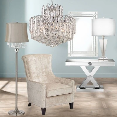 360 Lighting Chandelier Floor Lamp 62.5" Tall Satin Steel Chrome Crystals Gray Fabric Drum Shade For Living Room Reading Bedroom Office 3 360 Lighting Chandelier Floor Lamp 62.5" Tall Satin Steel Chrome Crystals Gray Fabric Drum Shade For Living Room Reading Bedroom Office - Image 3