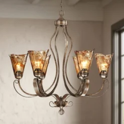 Franklin Iron Works Amber Scroll Golden Bronze Large Chandelier 31 1/2" Wide Rustic Art Glass 6-Light Fixture For Dining Room House Kitchen Island