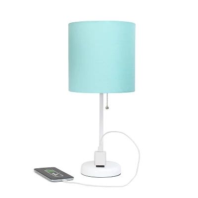 19.5" Bedside Power Outlet Base Metal Table Desk Lamp In White With Aqua Blue Fabric Shade - Creekwood Home 2 19.5" Bedside Power Outlet Base Metal Table Desk Lamp In White With Aqua Blue Fabric Shade - Creekwood Home - Image 2