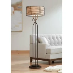 Franklin Iron Works Marlowe Rustic Farmhouse Floor Lamp 60 1/2" Tall Bronze Metal Oster Woven Burlap Fabric Inner Drum Shade For Living Room Bedroom -Adesso Shop GUEST 1b2da5dc 31f2 4c69 938d e0e47ef394d9