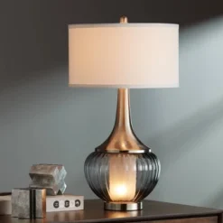 360 Lighting Courtney Modern Table Lamps 28 1/2" Tall Set Of 2 Fluted Smoked Glass With Nightlight White Linen Drum Shade For Living Room Nightstand -Adesso Shop GUEST 1caad7cf 8178 454e 9120 0237f5628b66