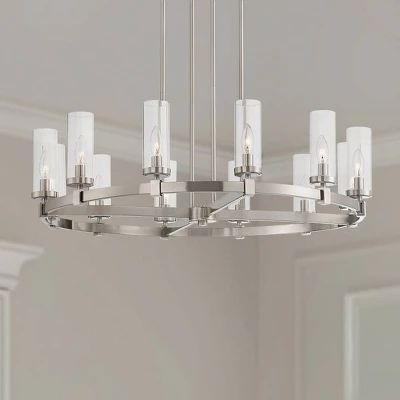 Stiffel Brushed Nickel Wagon Wheel Chandelier 36" Wide Modern Clear Glass Shade 12-Light Fixture For Dining Room House Kitchen 1 Stiffel Brushed Nickel Wagon Wheel Chandelier 36" Wide Modern Clear Glass Shade 12-Light Fixture For Dining Room House Kitchen