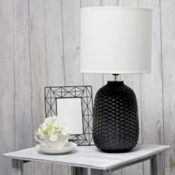20.4" Traditional Ceramic Purled Texture Bedside Table Desk Lamp With White Fabric Drum Shade Black - Simple Designs -Adesso Shop GUEST 260a8812 54b0 4a31 81ce 07287a28366a