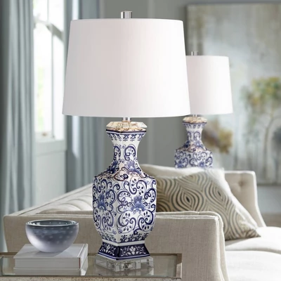 Barnes And Ivy Table Lamps 28" Tall Set Of 2 Porcelain Blue Floral Jar Geneva White Drum Shade For Living Room Family Bedroom Bedside 1 Barnes And Ivy Table Lamps 28" Tall Set Of 2 Porcelain Blue Floral Jar Geneva White Drum Shade For Living Room Family Bedroom Bedside
