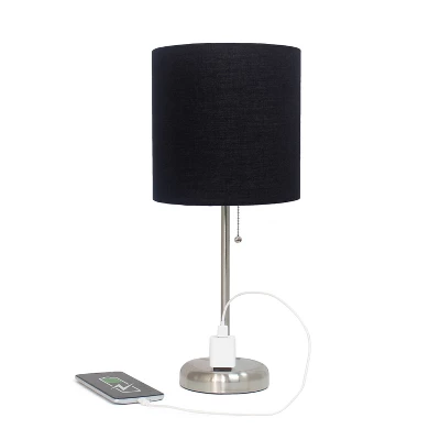 19.5" Bedside Power Outlet Base Metal Table Desk Lamp Brushed Steel With Fabric Shade Black - Creekwood Home 2 19.5" Bedside Power Outlet Base Metal Table Desk Lamp Brushed Steel With Fabric Shade Black - Creekwood Home - Image 2
