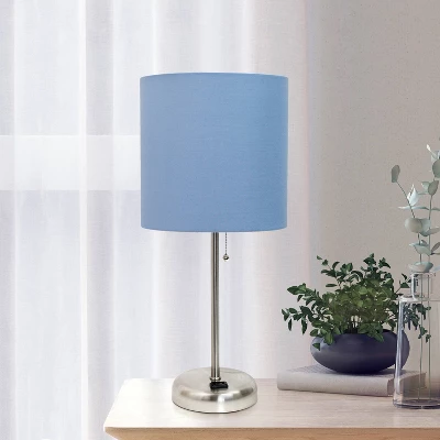 19.5" Bedside Power Outlet Base Metal Table Desk Lamp Brushed Steel With Fabric Shade Blue - Creekwood Home 7 19.5" Bedside Power Outlet Base Metal Table Desk Lamp Brushed Steel With Fabric Shade Blue - Creekwood Home - Image 7