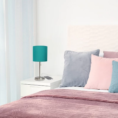 19.5" Bedside USB Port Feature Metal Table Desk Lamp Brushed Steel With Teal Fabric Shade - Creekwood Home 6 19.5" Bedside USB Port Feature Metal Table Desk Lamp Brushed Steel With Teal Fabric Shade - Creekwood Home - Image 6