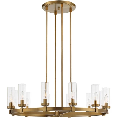 Stiffel Aron Brass Gold Wagon Wheel Chandelier 36" Wide Modern Clear Glass Shade 12-Light Fixture For Dining Room House Foyer Kitchen Island Entryway 5 Stiffel Aron Brass Gold Wagon Wheel Chandelier 36" Wide Modern Clear Glass Shade 12-Light Fixture For Dining Room House Foyer Kitchen Island Entryway - Image 5
