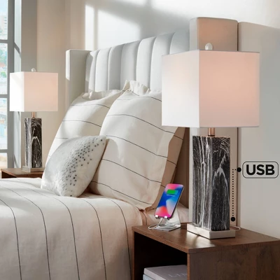 360 Lighting Connie Modern Table Lamps Set Of 2 25" High Black Faux Marble With USB Charging Ports White Rectangular Shade For Living Room House Desk 1 360 Lighting Connie Modern Table Lamps Set Of 2 25" High Black Faux Marble With USB Charging Ports White Rectangular Shade For Living Room House Desk