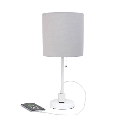 19.5" Bedside Power Outlet Base Metal Table Desk Lamp In White With Gray Fabric Shade - Creekwood Home 2 19.5" Bedside Power Outlet Base Metal Table Desk Lamp In White With Gray Fabric Shade - Creekwood Home - Image 2