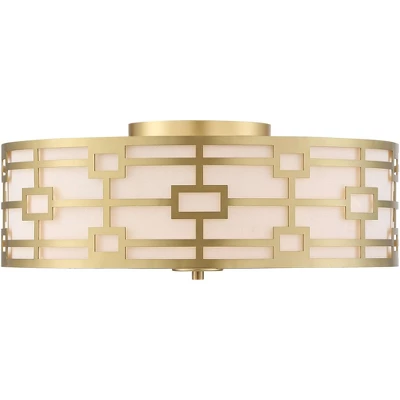 Stiffel Modern Art Deco Ceiling Light Flush Mount Fixture Gold 18" Wide Open Grid Fabric Drum Shade Bedroom Kitchen 3 Stiffel Modern Art Deco Ceiling Light Flush Mount Fixture Gold 18" Wide Open Grid Fabric Drum Shade Bedroom Kitchen - Image 3