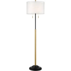Possini Euro Design Roxie Modern Floor Lamp With Riser 65 1/2" Tall Brass Black Metal Sheer Linen Double Drum Shade For Living Room Bedroom Office -Adesso Shop GUEST 3a086c6e 1973 4084 b26b e9fc7acd17aa