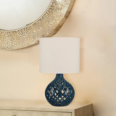 Fretwork Ceramic Table Lamp Ceramic With Drum Linen Shade Blue - Splendor Home 3 Fretwork Ceramic Table Lamp Ceramic With Drum Linen Shade Blue - Splendor Home - Image 3