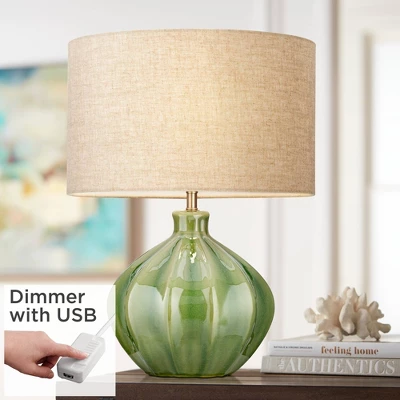 360 Lighting Modern Table Lamp With USB Charging Port 20.5" High Green Ribbed Ceramic Oatmeal Fabric Drum Shade For Bedroom Desk (Color May Vary) 1 360 Lighting Modern Table Lamp With USB Charging Port 20.5" High Green Ribbed Ceramic Oatmeal Fabric Drum Shade For Bedroom Desk (Color May Vary)