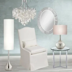 Possini Euro Design Mid Century Modern Floor Lamp 62" Tall Brushed Steel Droplet Cotton Cylinder Shade For Living Room Bedroom Office -Adesso Shop GUEST 41e75700 84c1 457d bcd2 48ca99141f71