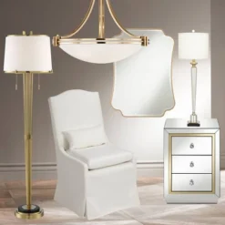 Possini Euro Design Palisade Modern Floor Lamp 64" Tall Satin Brass Metal Trimmed Fabric Tapered Drum Shade For Living Room Bedroom Office House Home -Adesso Shop GUEST 45a75617 3c77 4b91 8482 5edd51006478