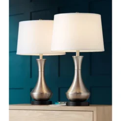 360 Lighting Simon Modern Table Lamps 25 1/2" High Set Of 2 Brushed Nickel With USB Charging Port White Fabric Drum Shade For Bedroom Living Room Desk -Adesso Shop GUEST 45d02464 4018 498b a892 f27e1a0c7a9a