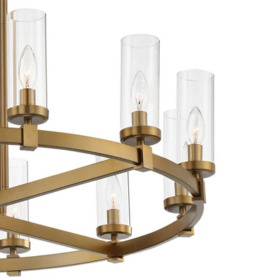 Stiffel Aron Brass Gold Wagon Wheel Chandelier 36" Wide Modern Clear Glass Shade 12-Light Fixture For Dining Room House Foyer Kitchen Island Entryway 2 Stiffel Aron Brass Gold Wagon Wheel Chandelier 36" Wide Modern Clear Glass Shade 12-Light Fixture For Dining Room House Foyer Kitchen Island Entryway - Image 2