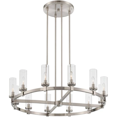 Stiffel Brushed Nickel Wagon Wheel Chandelier 36" Wide Modern Clear Glass Shade 12-Light Fixture For Dining Room House Kitchen 6 Stiffel Brushed Nickel Wagon Wheel Chandelier 36" Wide Modern Clear Glass Shade 12-Light Fixture For Dining Room House Kitchen - Image 6