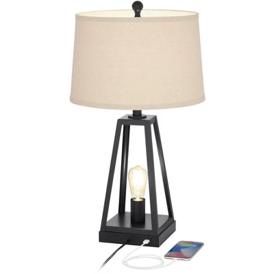 Franklin Iron Works Kacey Industrial Table Lamps 25 1/4" High Set Of 2 Dark Metal With USB LED Nightlight Oatmeal Shade For Bedroom Living Room Desk 3 Franklin Iron Works Kacey Industrial Table Lamps 25 1/4" High Set Of 2 Dark Metal With USB LED Nightlight Oatmeal Shade For Bedroom Living Room Desk - Image 3