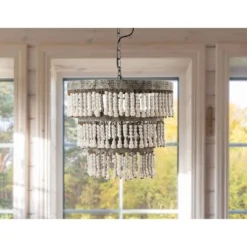3-Tier Round Metal Chandelier With 3 Lights And Hanging Wood Beads Cream - Storied Home -Adesso Shop GUEST 506ebbd1 0947 4929 9e1f 5c488f0fb694