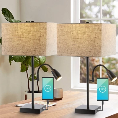 (Set Of 2) 25.5" 2-Light Austin Farmhouse Industrial Table Lamp With USB Charging Oil Rubbed Bronze (Includes LED Light Bulb) - JONATHAN Y 2 (Set Of 2) 25.5" 2-Light Austin Farmhouse Industrial Table Lamp With USB Charging Oil Rubbed Bronze (Includes LED Light Bulb) - JONATHAN Y - Image 2