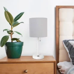 19.5" Bedside USB Port Feature Metal Table Desk Lamp White With Gray Fabric Shade - Creekwood Home -Adesso Shop GUEST 54c20bec ebc9 49e5 9131 f10e2faa8a40