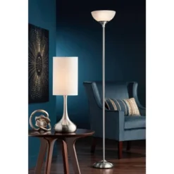 360 Lighting Maddox Modern Torchiere Floor Lamp 71" Tall Satin Nickel Silver Metal Alabaster Glass Shade For Living Room Bedroom Office House Home -Adesso Shop GUEST 55c31dbd e4aa 4124 9f9e 863eaa34923f