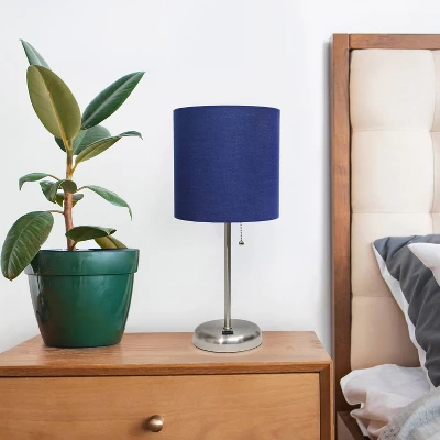 19.5" Bedside USB Port Feature Metal Table Desk Lamp Brushed Steel With Navy Fabric Shade - Creekwood Home 6 19.5" Bedside USB Port Feature Metal Table Desk Lamp Brushed Steel With Navy Fabric Shade - Creekwood Home - Image 6