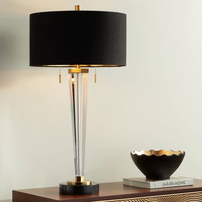 Vienna Full Spectrum Belle Modern Table Lamp 33 1/4" Tall Clear Crystal Glass Black Drum Shade For Bedroom Living Room Bedside Nightstand Office House 1 Vienna Full Spectrum Belle Modern Table Lamp 33 1/4" Tall Clear Crystal Glass Black Drum Shade For Bedroom Living Room Bedside Nightstand Office House