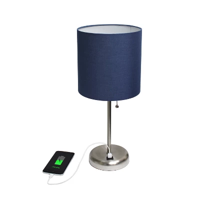 19.5" Bedside USB Port Feature Metal Table Desk Lamp Brushed Steel With Navy Fabric Shade - Creekwood Home 2 19.5" Bedside USB Port Feature Metal Table Desk Lamp Brushed Steel With Navy Fabric Shade - Creekwood Home - Image 2
