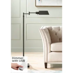 Regency Hill Industrial Adjustable Swing Arm Pharmacy Floor Lamp With USB Charging Port 54" Tall Dark Bronze Living Room Reading