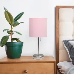 19.5" Bedside USB Port Feature Metal Table Desk Lamp Brushed Steel With Light Pink Fabric Shade - Creekwood Home -Adesso Shop GUEST 5d653d18 a921 40f0 aad2 e92b21c623ec