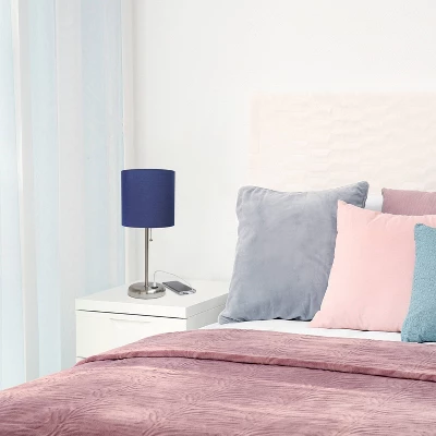 19.5" Bedside USB Port Feature Metal Table Desk Lamp Brushed Steel With Navy Fabric Shade - Creekwood Home 7 19.5" Bedside USB Port Feature Metal Table Desk Lamp Brushed Steel With Navy Fabric Shade - Creekwood Home - Image 7