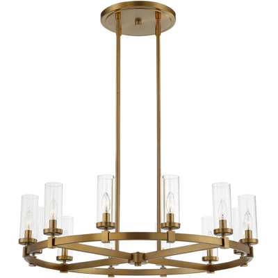 Stiffel Aron Brass Gold Wagon Wheel Chandelier 36" Wide Modern Clear Glass Shade 12-Light Fixture For Dining Room House Foyer Kitchen Island Entryway 7 Stiffel Aron Brass Gold Wagon Wheel Chandelier 36" Wide Modern Clear Glass Shade 12-Light Fixture For Dining Room House Foyer Kitchen Island Entryway - Image 7