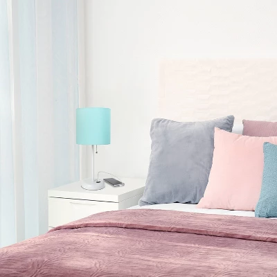 19.5" Bedside USB Port Feature Metal Table Desk Lamp White With Aqua Blue Fabric Shade - Creekwood Home 7 19.5" Bedside USB Port Feature Metal Table Desk Lamp White With Aqua Blue Fabric Shade - Creekwood Home - Image 7