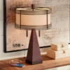 Franklin Iron Works Niklas Industrial Table Lamp 26" High Hammered Bronze With USB Charging Port Double Shade For Bedroom Living Room Bedside Desk