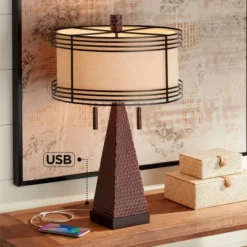 Franklin Iron Works Niklas Industrial Table Lamp 26" High Hammered Bronze With USB Charging Port Double Shade For Bedroom Living Room Bedside Desk