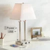 Possini Euro Design Amity Modern Table Lamp 26" High Brushed Nickel With USB And AC Power Outlet In Base White Linen Shade For Bedroom Bedside Desk