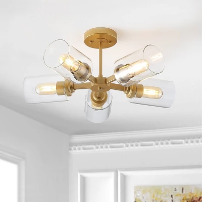 21.5" LED 5-Light Jaynie Industrial Iron Cylinder Pendant Gold/Clear - JONATHAN Y 1 21.5" LED 5-Light Jaynie Industrial Iron Cylinder Pendant Gold/Clear - JONATHAN Y