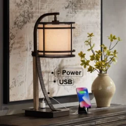 Franklin Iron Works Gentry Industrial Desk Lamp 22" High Oil Rubbed Bronze Faux Wood Cage With USB And AC Power Outlet In Base Oatmeal Shade For Desk