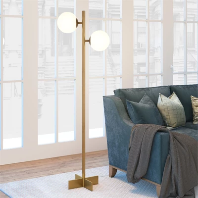 70.5' Floor Lamp With Milk Glass Orb Shade In Gold - Henn&Hart 2 70.5' Floor Lamp With Milk Glass Orb Shade In Gold - Henn&Hart - Image 2