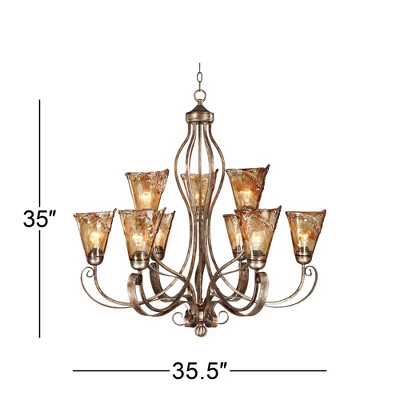 Franklin Iron Works Amber Scroll Golden Bronze Large Chandelier 35 1/2" Wide Rustic Art Glass 9-Light Fixture For Dining Room House Kitchen Island 4 Franklin Iron Works Amber Scroll Golden Bronze Large Chandelier 35 1/2" Wide Rustic Art Glass 9-Light Fixture For Dining Room House Kitchen Island - Image 4