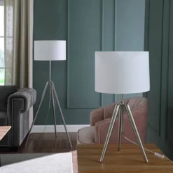 34.25" X 29.25" Mid-Century Adjustable Tripod Metal Table Lamp Chrome/Silver - Ore International -Adesso Shop GUEST 77f2544f 6b0f 4c94 8708 e652e6cb0212